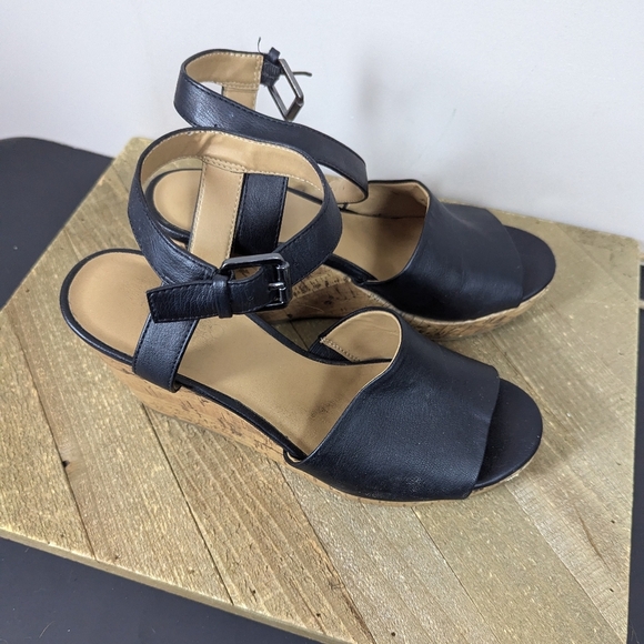 Franco Sarto Black Leather Cork Wedge Sandals Women’s 7 Ankle Strap Platform - Picture 2 of 7